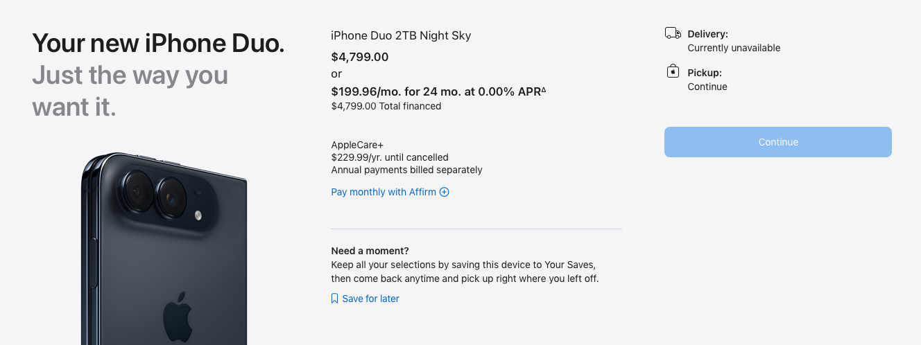 An advertisement displays the iPhone Duo with 2TB in Night Sky color, priced at $4,799.00, along with payment options and notices about delivery and pickup availability.