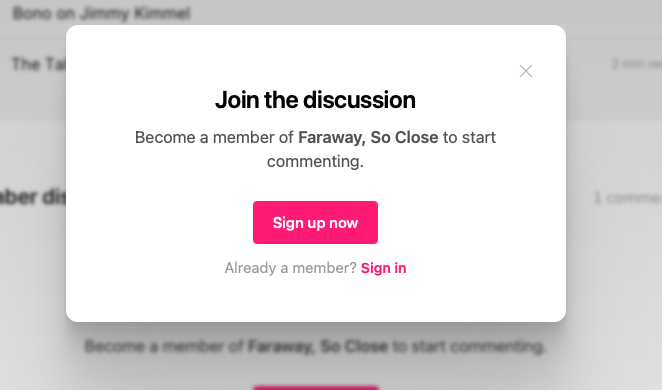 A pop-up message invites users to join the discussion by becoming a member of Faraway, So Close to start commenting, with options to sign up or sign in.