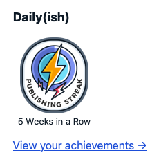 A badge displaying a lightning bolt with the text PUBLISHING STREAK and a caption indicating a 5-week streak, followed by a link to view achievements.