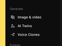 A menu with options to generate Image & video, AI Twins, and Voice Clones is displayed on a black background with a yellow sidebar.