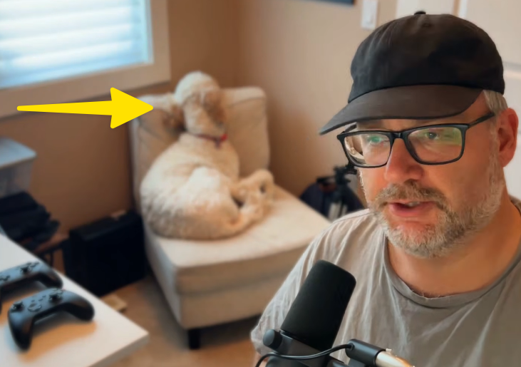 A man wearing glasses and a black cap is speaking into a microphone while a white dog with a red collar rests on a chair behind him.