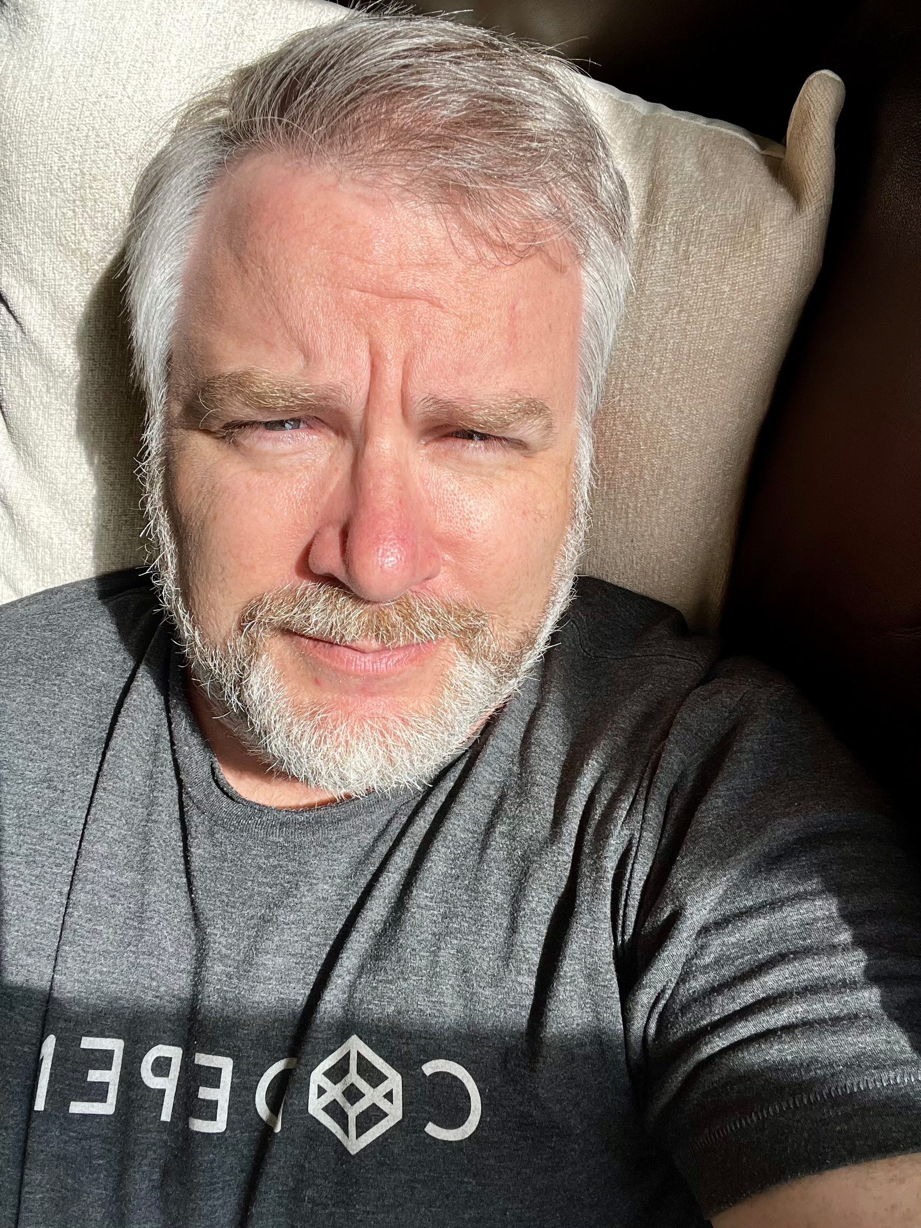 A middle-aged man with gray hair and a beard is lying on a pillow, wearing a gray t-shirt and squinting in bright sunlight.