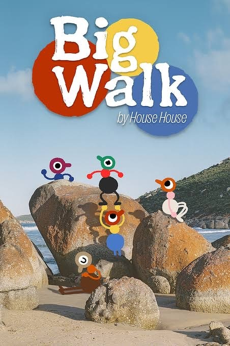 Colorful cartoon bird-like characters are sitting and standing on large beach rocks with the title Big Walk by House House displayed above them.