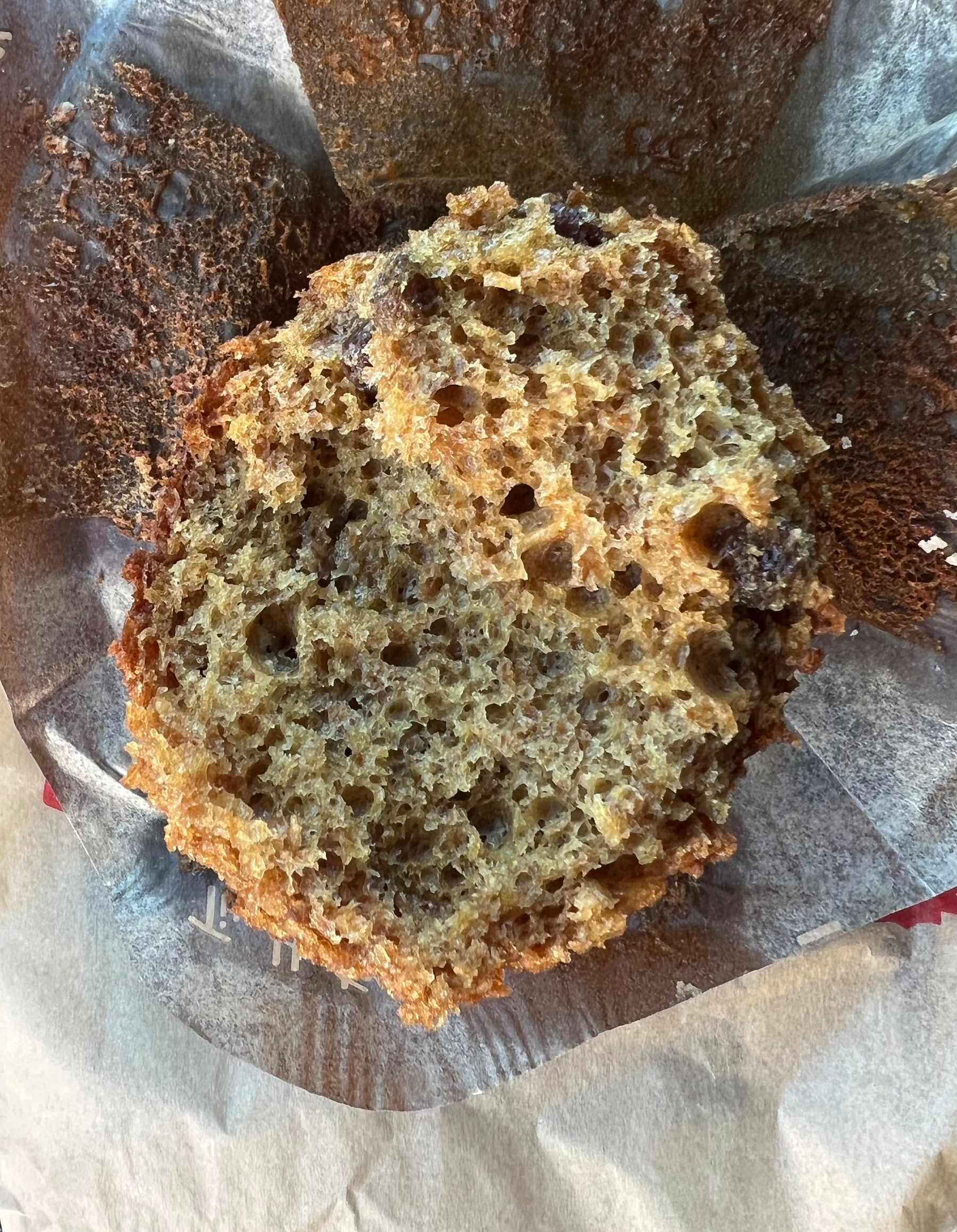 A partially eaten bran muffin rests on a used coffee filter.