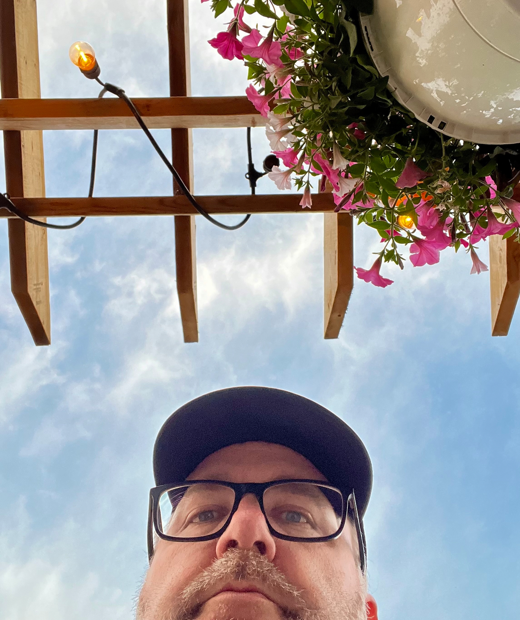 Selfie of me looking up at my face with a trellis for plants and a flower pot above me.