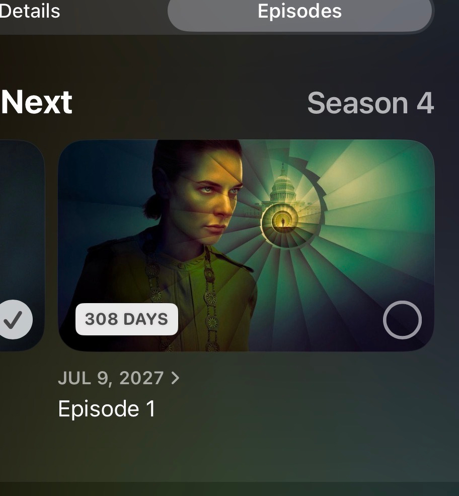A countdown of 308 days is shown for the release of Season 4, Episode 1, scheduled for July 9, 2027, featuring a woman in front of a spiral staircase with a glowing light at the center.