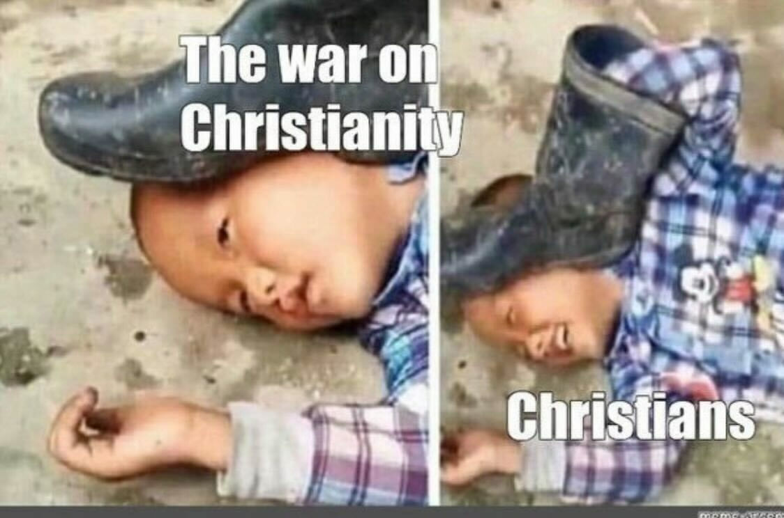 A child lies on the ground with a boot on their head, accompanied by text labeling the scene as a metaphor for The war on Christianity and Christians.