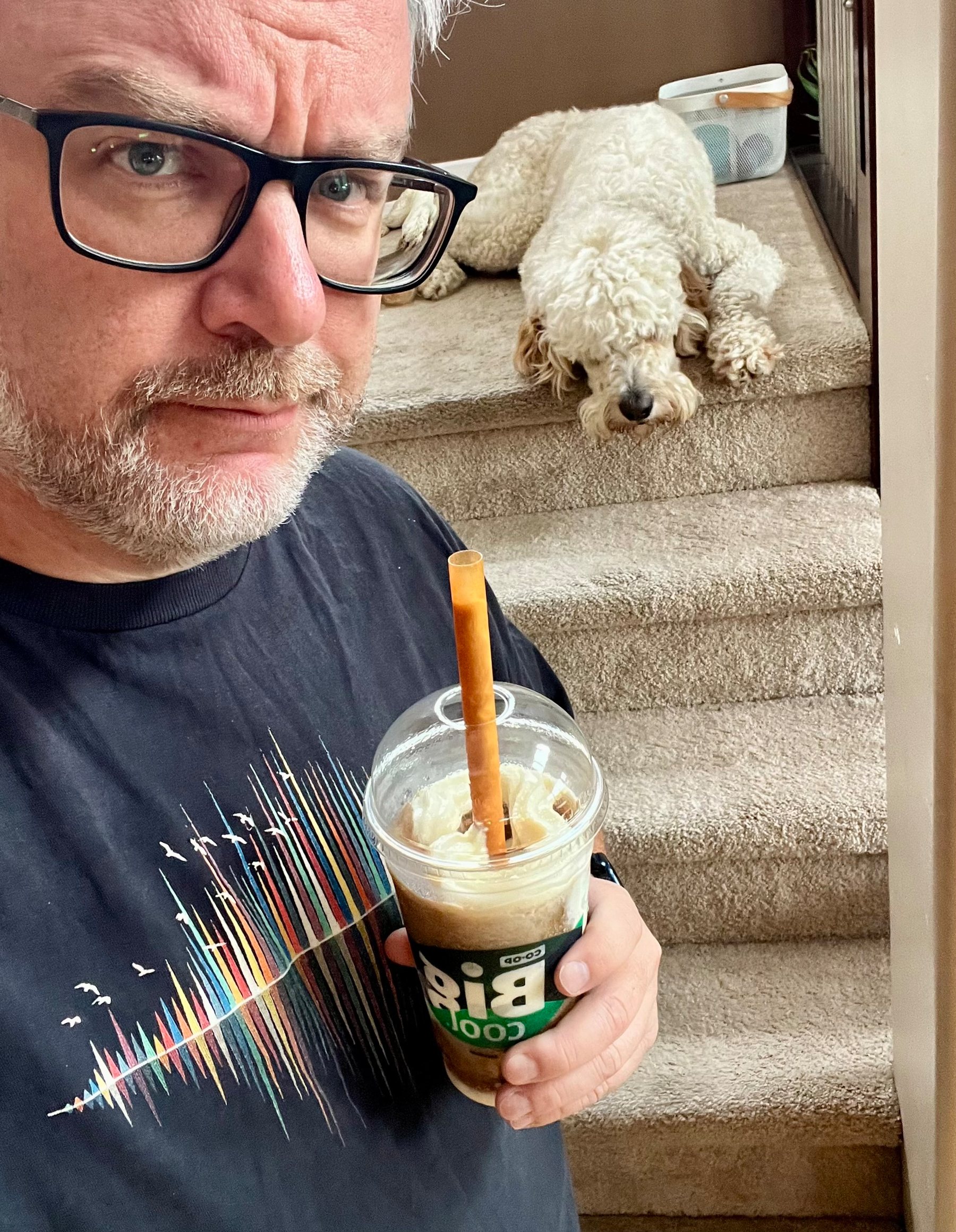A man wearing glasses and a black t-shirt holds a drink with a thick straw while a white curly-haired dog lies on the carpeted stairs behind him.