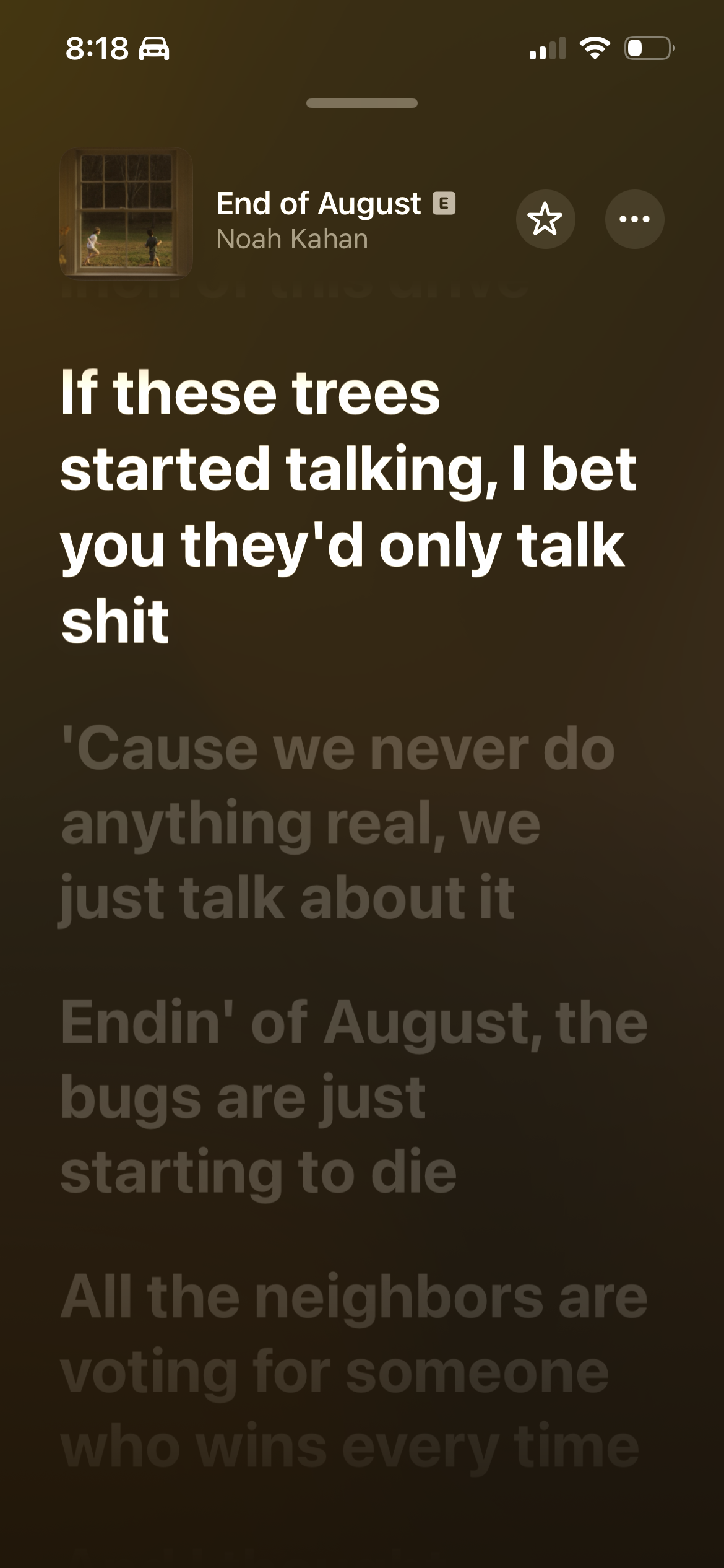 The image displays lyrics from the song End of August by Noah Kahan, along with music playback controls.