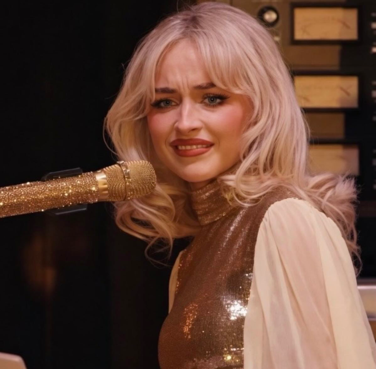 A person (Sabrina Carpenter confused meme) with blonde hair and a shimmering outfit is sitting at a piano, looking towards the camera.