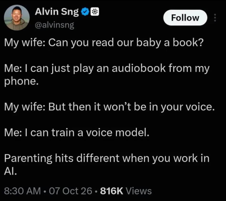 A Twitter exchange describes a parent's use of AI technology to create a personalized audiobook for their baby, highlighting how parenting changes with advancements in artificial intelligence. Because they’re fucking souless ghouls.