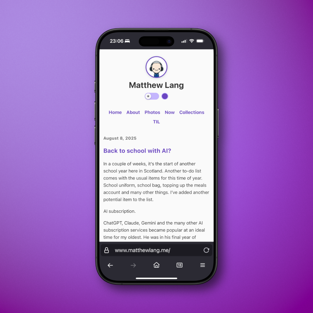 Auto-generated description: A smartphone displays a blog post titled Back to school with AI? on a purple background.