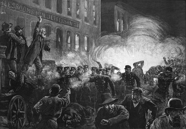 Haymarket Riot, by Harper's Weekly - &lt;a rel=&quot;nofollow&quot; class=&quot;external free&quot; href=&quot;http://www.chicagohs.org/hadc/visuals/59V0460v.jpg&quot;&gt;http://www.chicagohs.org/hadc/visuals/59V0460v.jpg&lt;/a&gt;, Public Domain, <a href="https://commons.wikimedia.org/w/index.php?curid=3424664">Link</a>