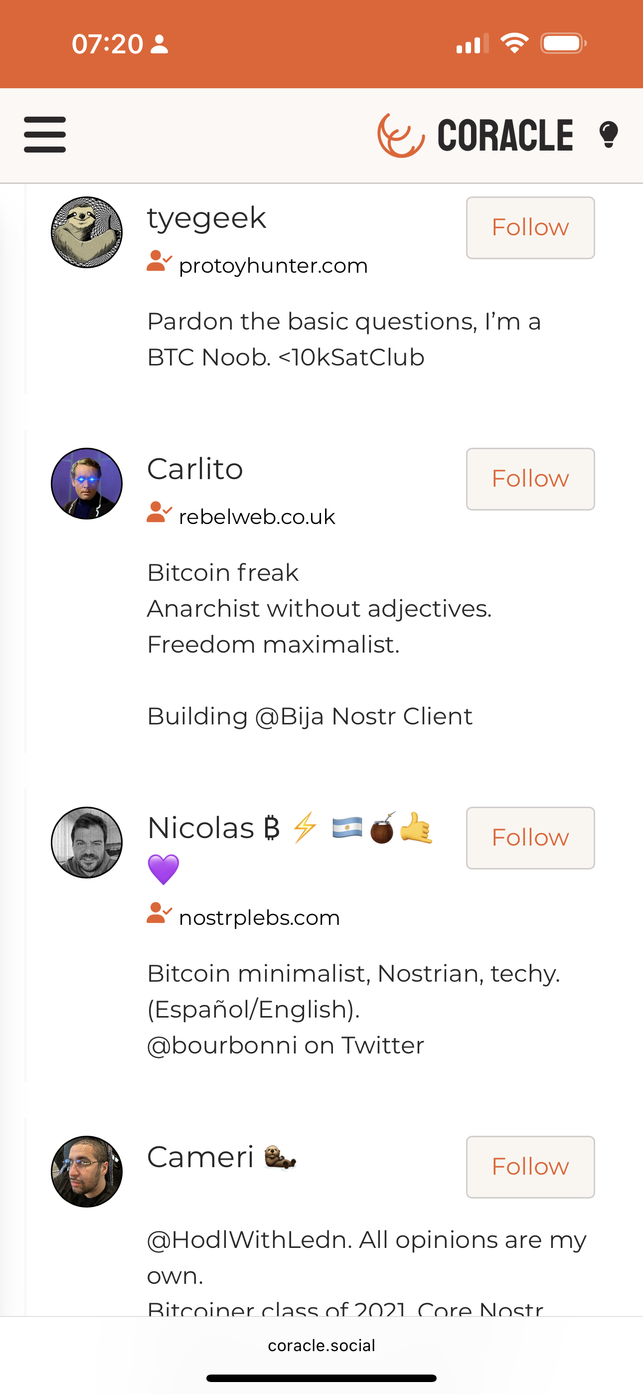 Search section of the Coracle.social integration for Nostr, showing several users with Crypto and Bitcoin description in their bios.