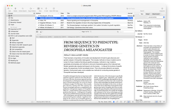 Screenshot of Bookends highlighting an article about genetics in Drosophila