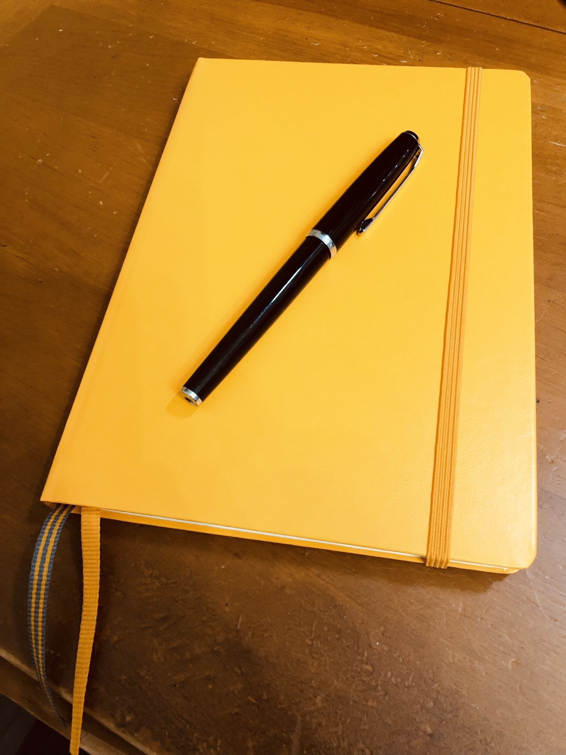An orange notebook on a desk. On top of it is a vintage Pelikan fountain pen. 