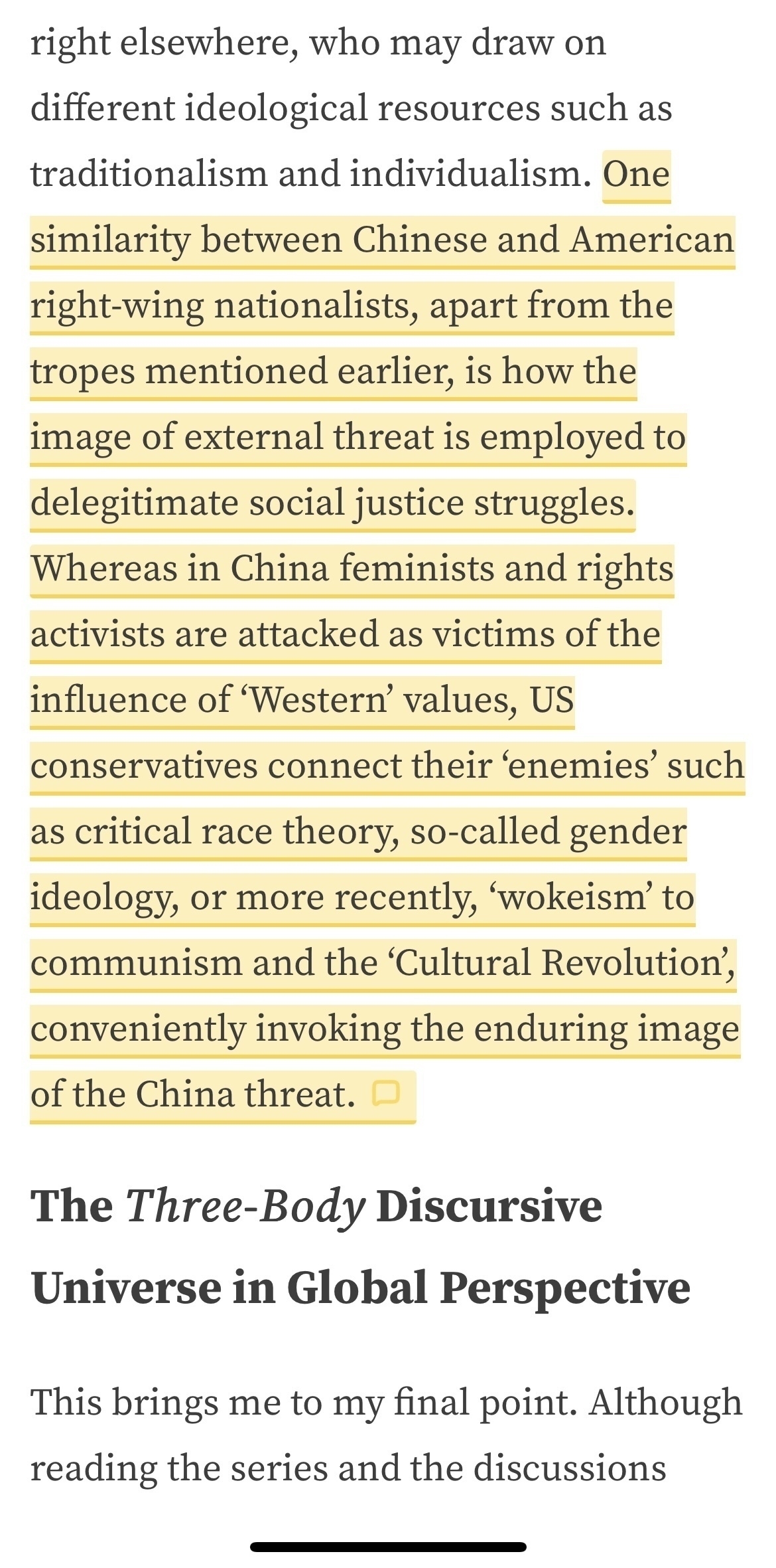 Screencap of the article with the following bit highlighted, “One similarity between Chinese and American right-wing nationalists, apart from the tropes mentioned earlier, is how the image of external threat is employed to delegitimate social justice struggles.&10;Whereas in China feminists and rights activists are attacked as victims of the influence of 'Western' values, US&10;conservatives connect their 'enemies' such as critical race theory, so-called gender ideology, or more recently, 'wokeism' to communism and the 'Cultural Revolution',&10;conveniently invoking the enduring image of the China threat.”