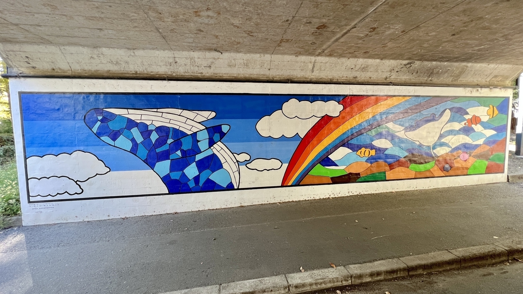 Wall mural depicting a leaping blue whale, rainbow, and other sea life