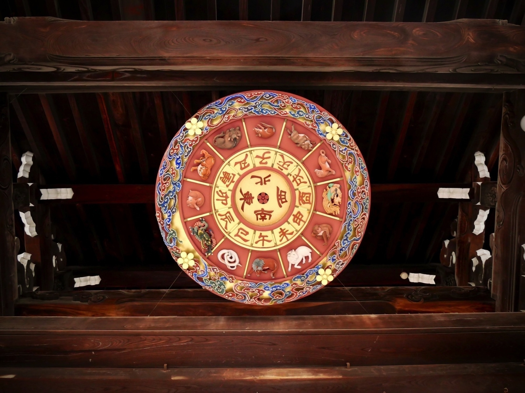 Large circular display of the Chinese zodiac. Photo taken from directly below