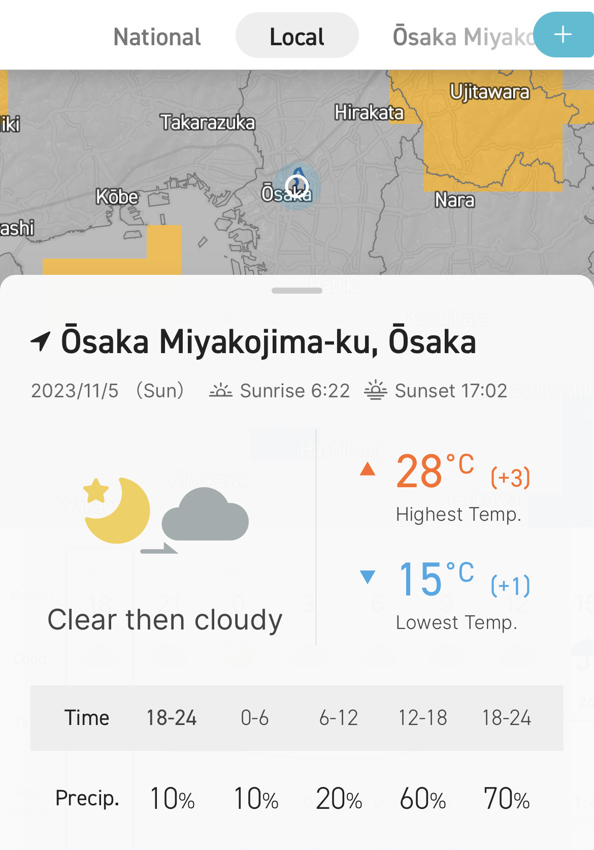 Screenshot of NERV weather app showing the high of 28° C in Osaka Miyakojima-ku