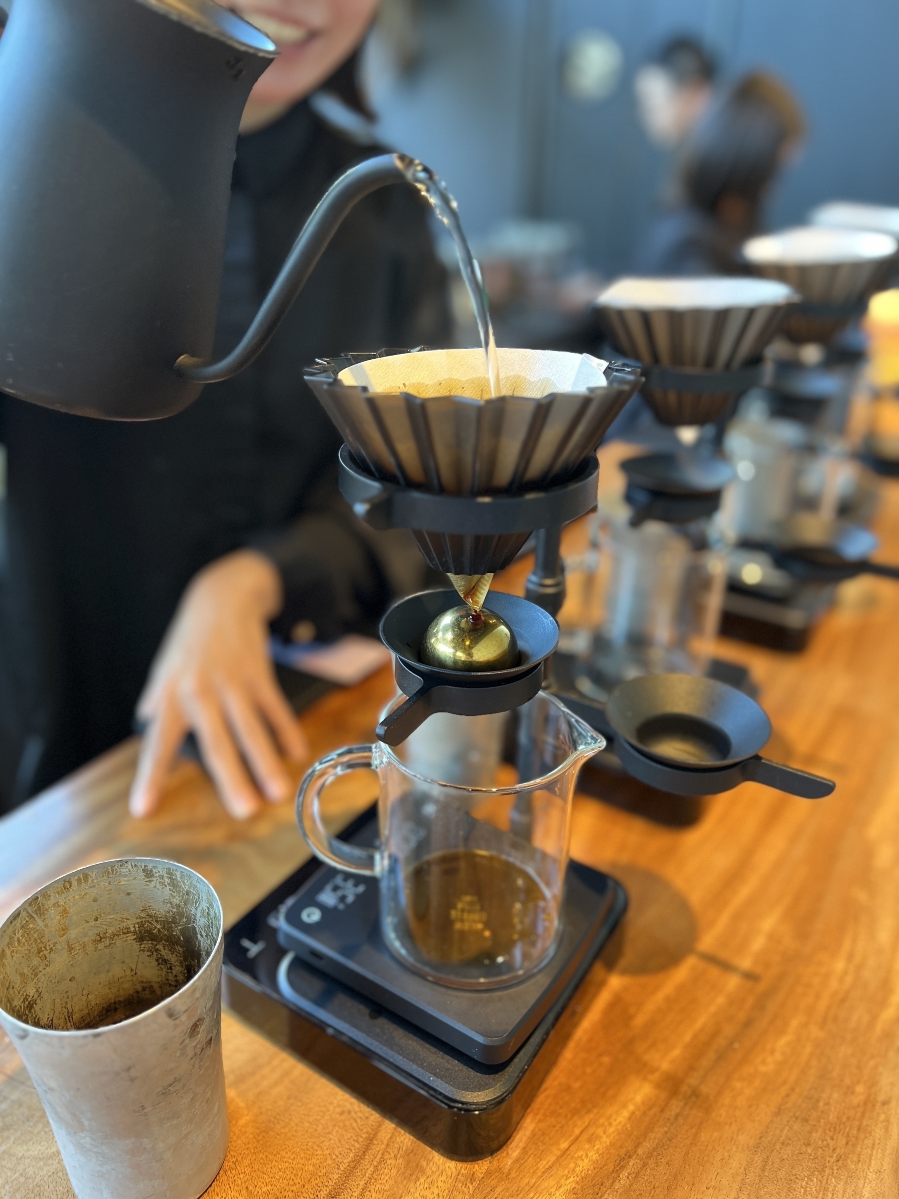 Pour over coffee setup with brass ball