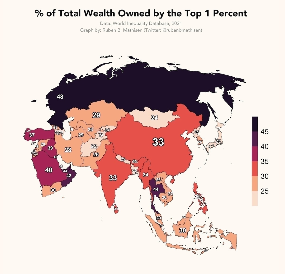 Map of Asia and the Middle East showing the % of Total Wealth Owned by the Top 1 Percent for each country. Some highlights include: China and India = 33%, Saudi Arabia = 40%, Iran = 28%, North Korea = 25%, South Korea = 26%, Japan = 25%, Thailand 44%. Russia at the highest = 48% and lowest is Azerbaijan and Armenia = 23%