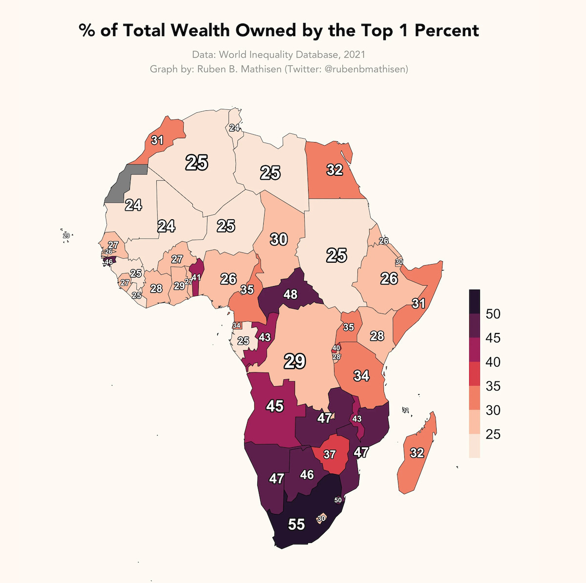 Map of Africashowing the % of Total Wealth Owned by the Top 1 Percent for each country. Some highlights include: South Africa at the highest of 55%, Namibia, Mozambique, Zambia = 47%, Nigeria = 26%, Egypt =32%, Tunisia and Mali at the lowest = 24%