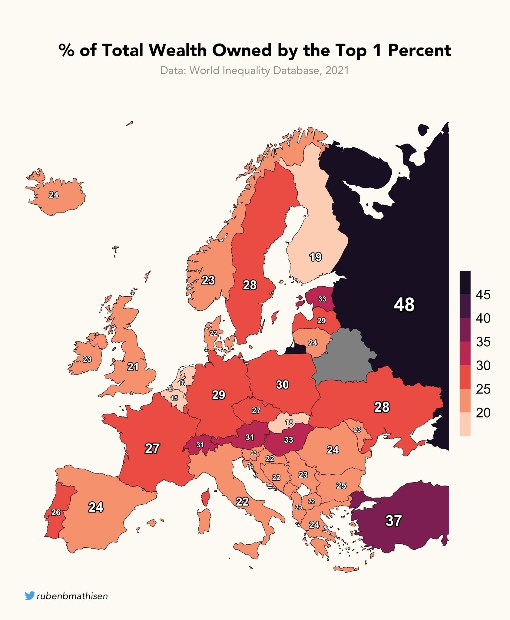 Map of Europe showing the % of Total Wealth Owned by the Top 1 Percent for each country. Some highlights include: UK = 21%, France = 27%, Germany = 29%, Turkey = 37%. Russia = 48% is the highest, and Belgium the lowest = 15%