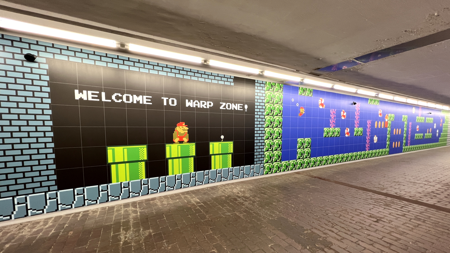 Wall mural with scene of Super Mario crouching to go down a pipe. Above are the words "Welcome to the Warp Zone". Next to that scene is an underwater scene with Mario swimming 