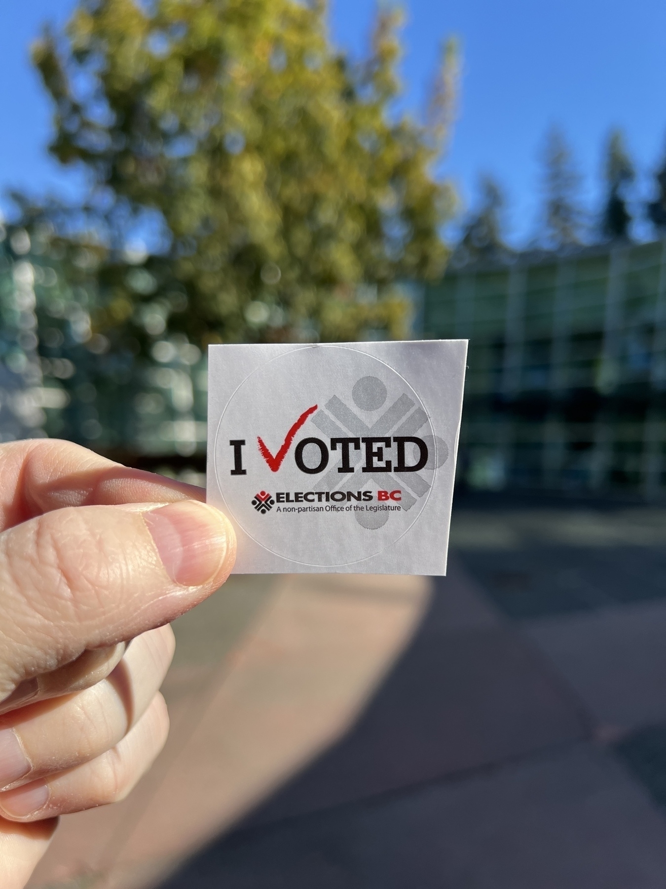 Chad holds up an “I Voted” sticker