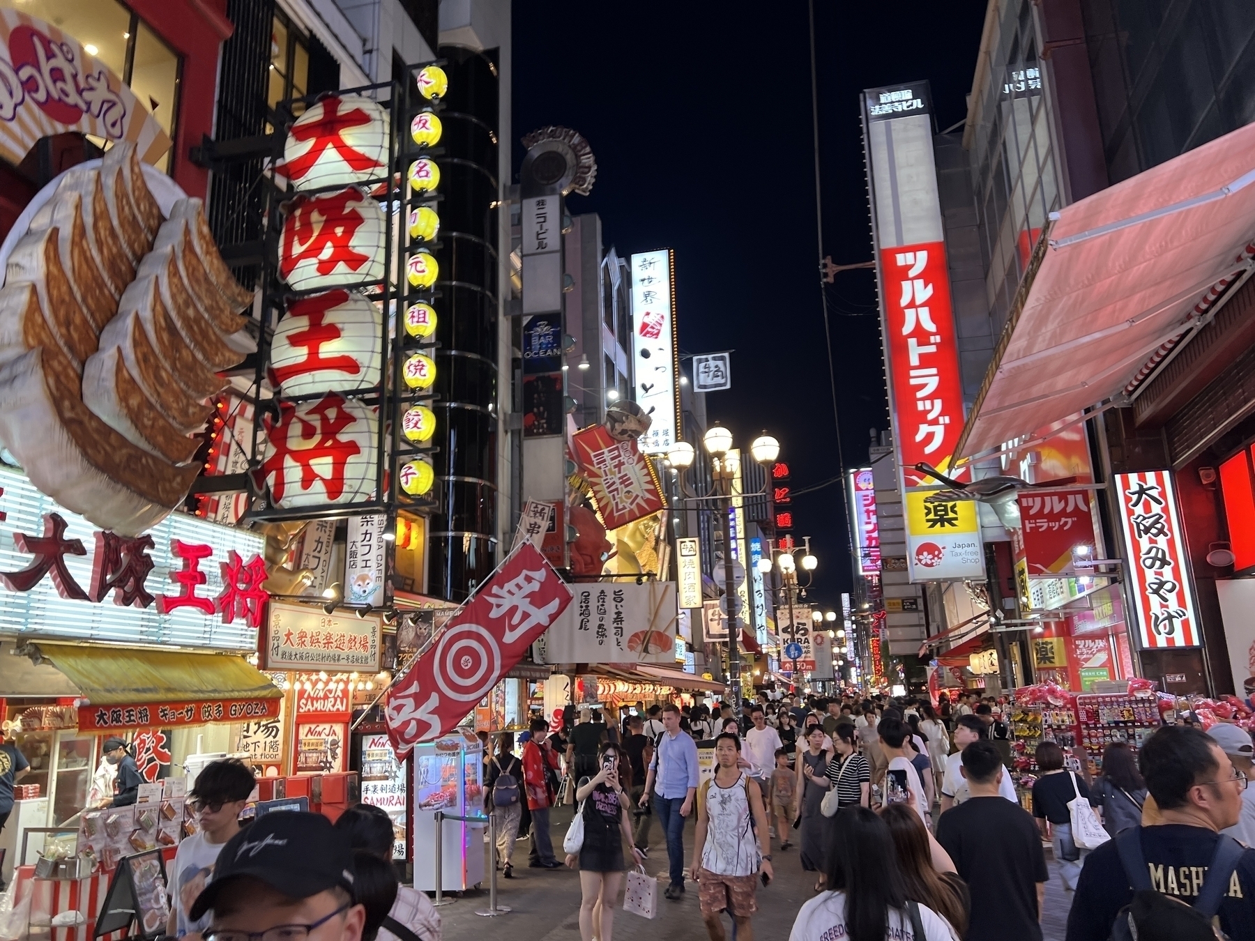 Dotonbori Shopping street at night, crowded, with amazing 3D signage including a giant double serving of gyoza sticking out from one storefront