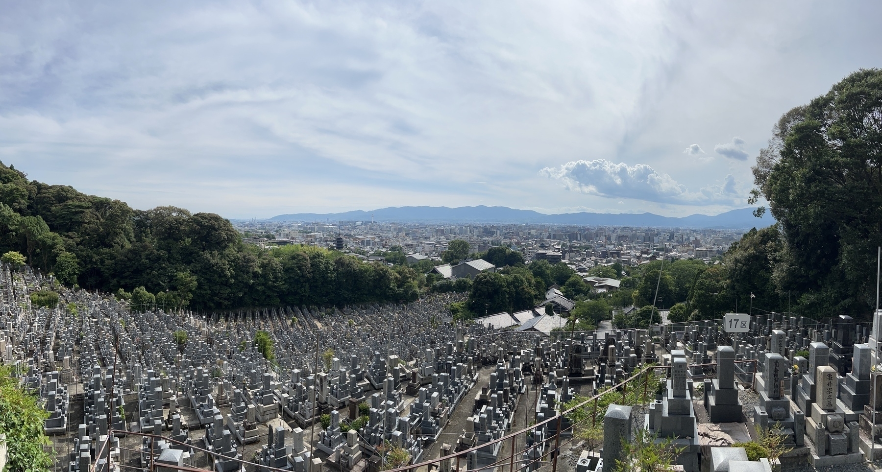 Panorama of Kyoto from Otani Sobyo. Manet grave stones in the foreground and city buildings in the back