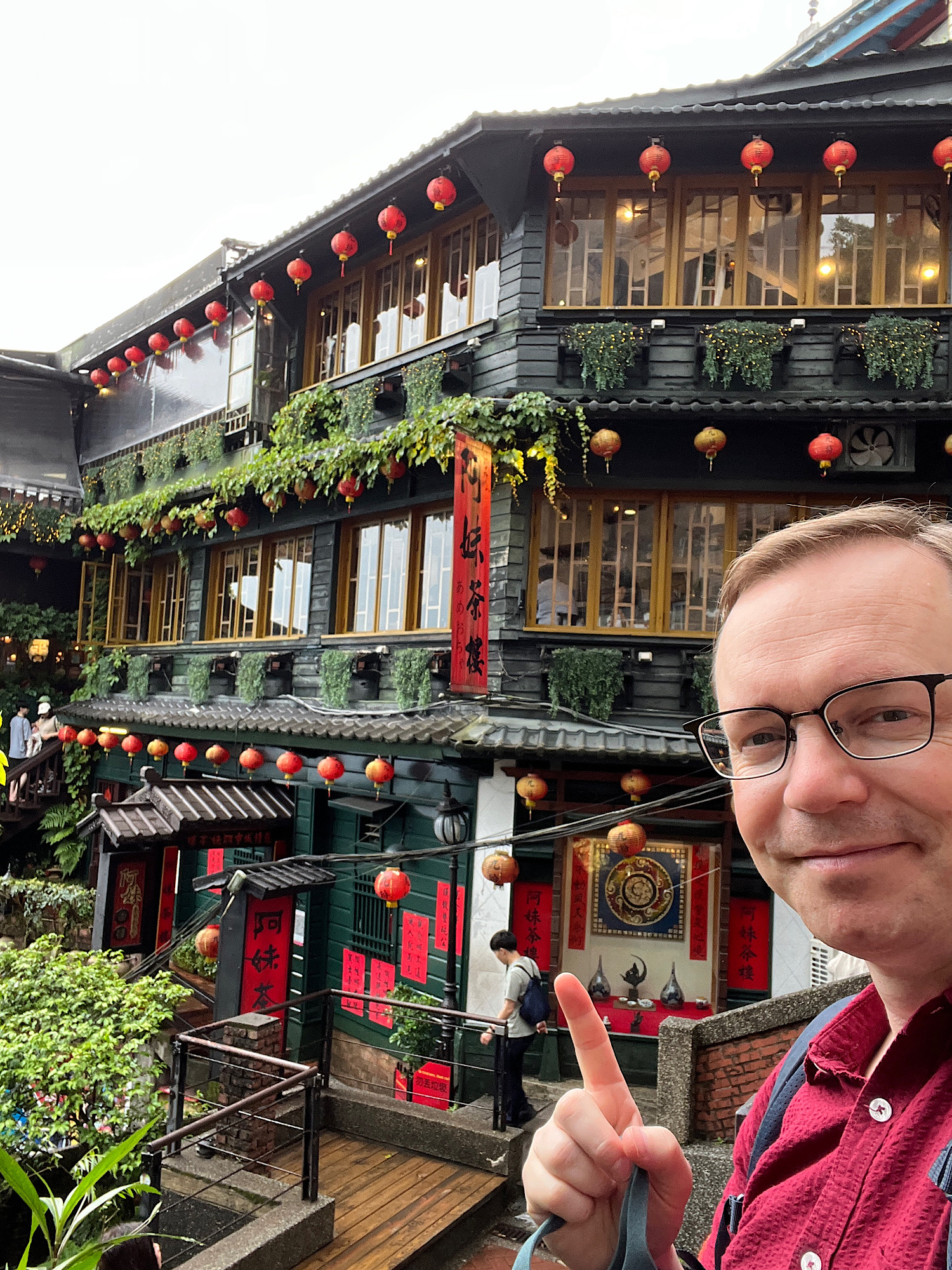 Chad in front of the A-Mei tea house, one of the inspirations for the design of the bath house in the Ghibli film “Spirited Away”