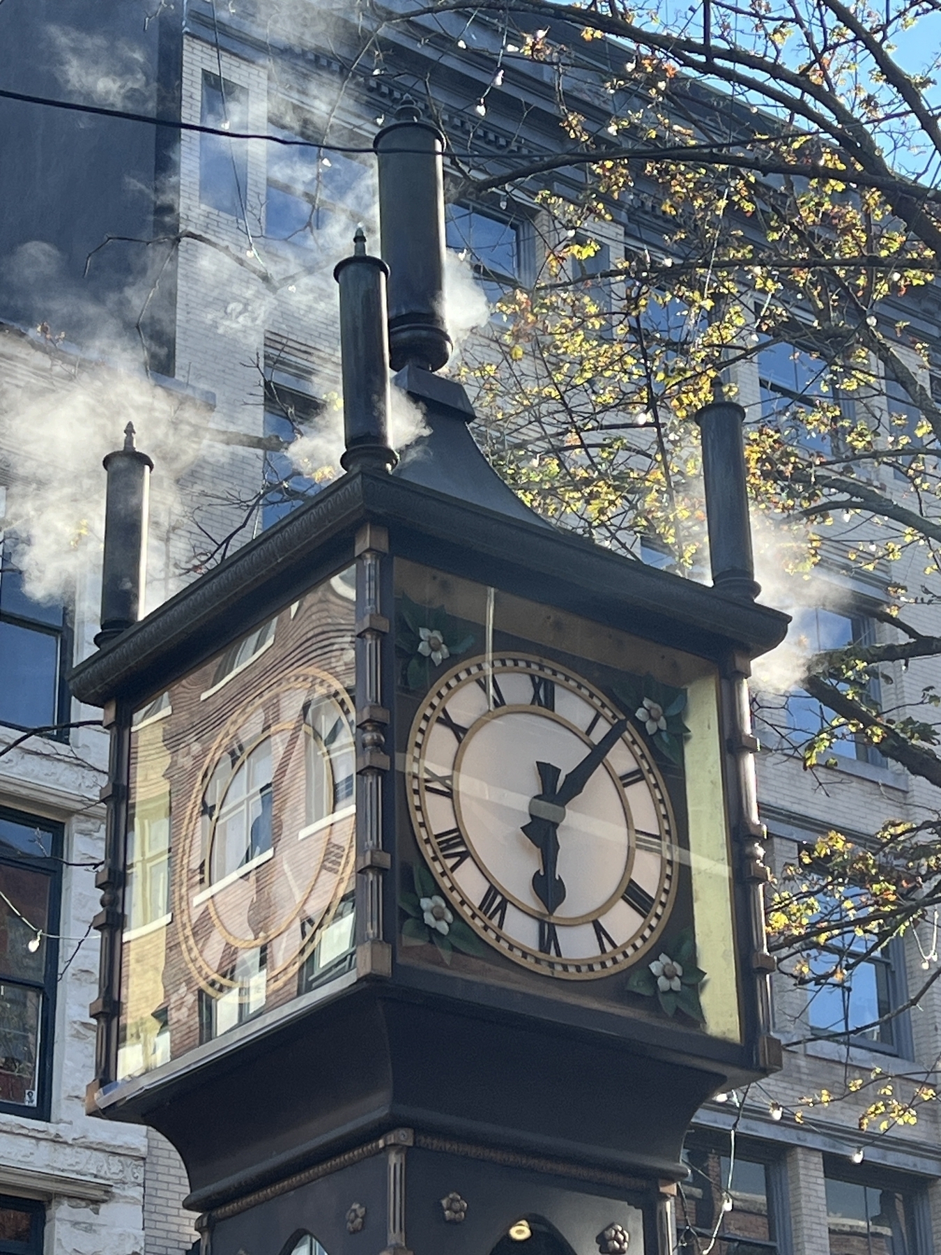 Close up of the famous Steam Clock with steam rising