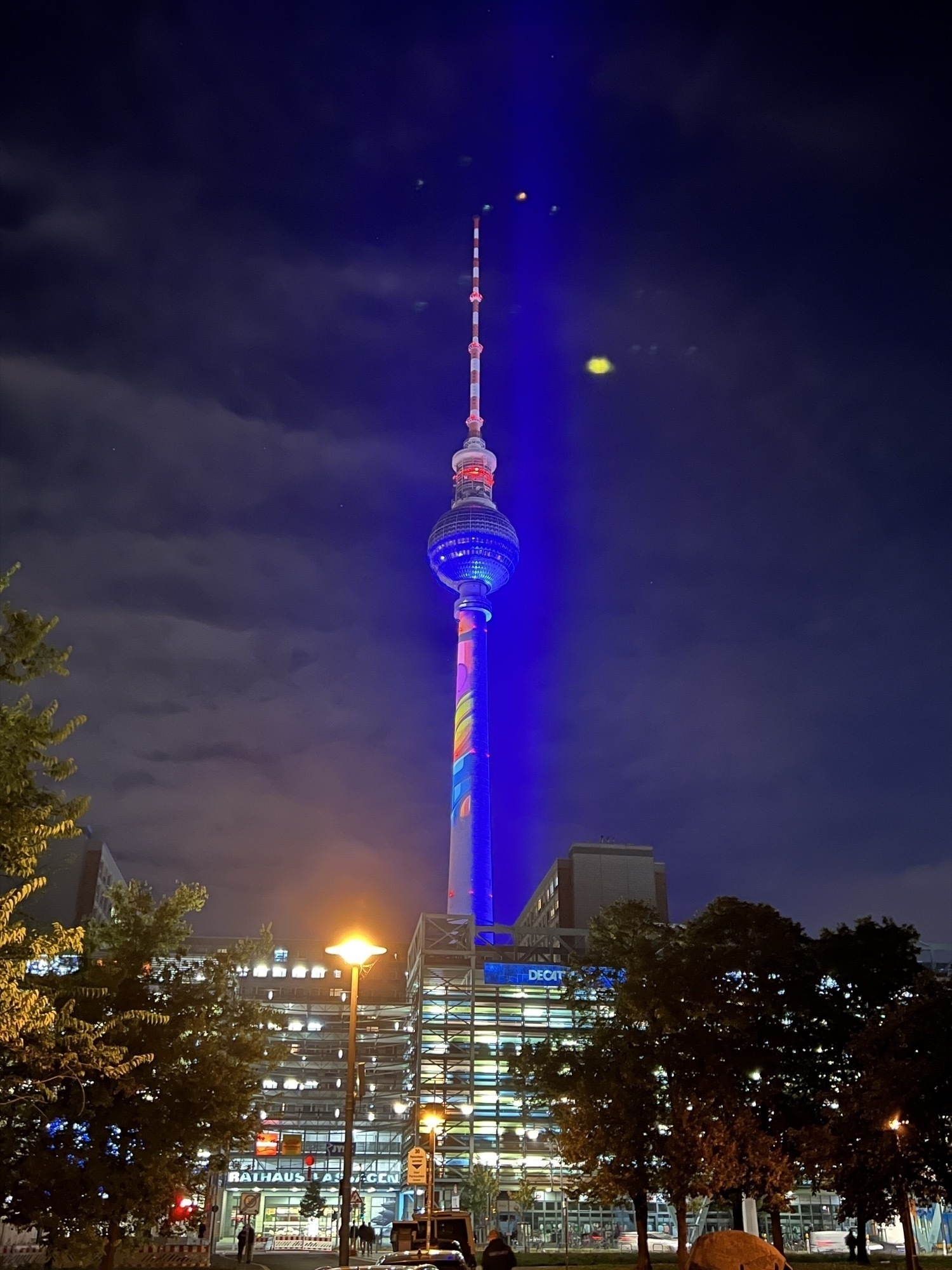 Berlin TV Tower with a pattern of light shone on it