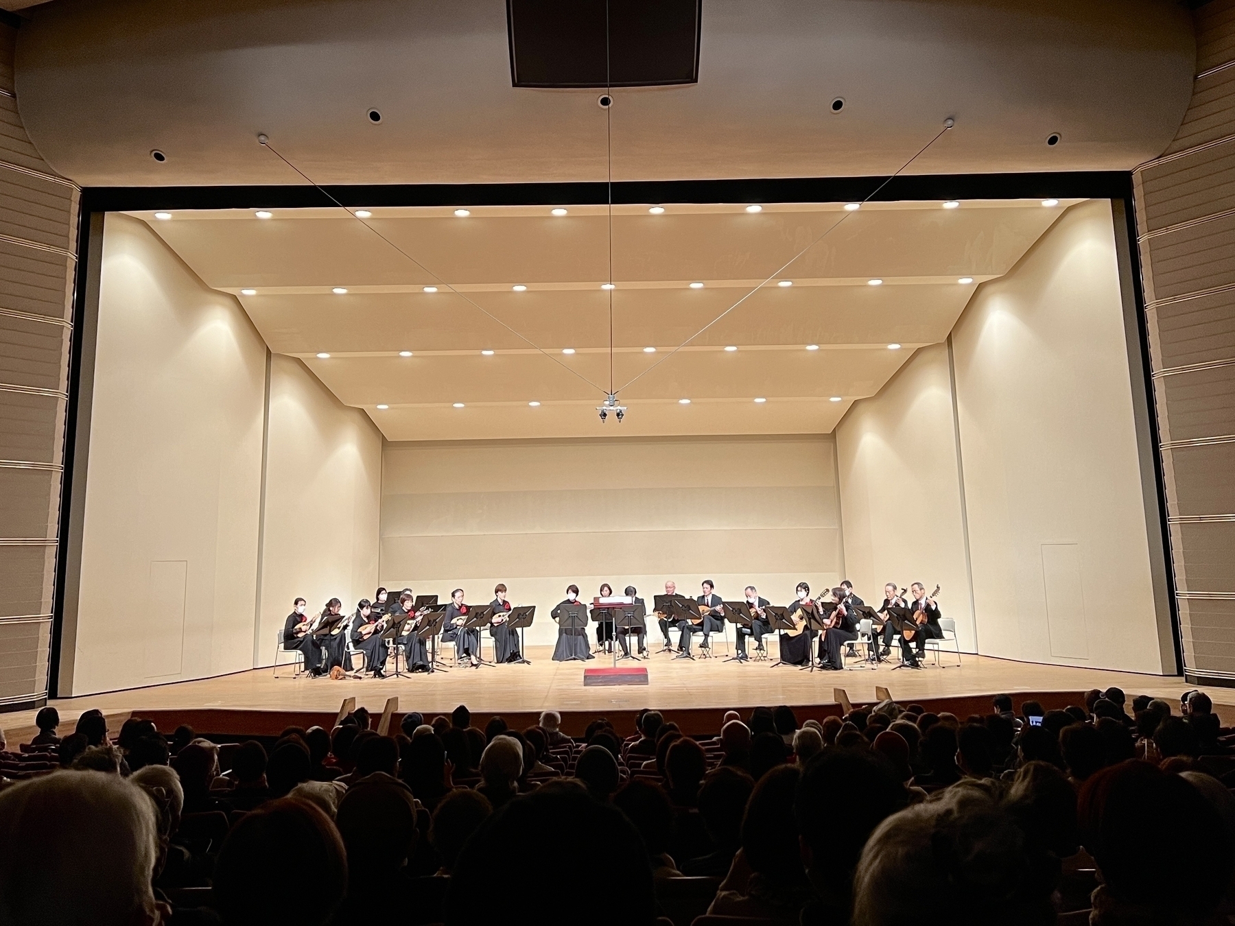 A 24 piece orchestra of mandolins, guitars, and other stringed instruments plays on stage. 