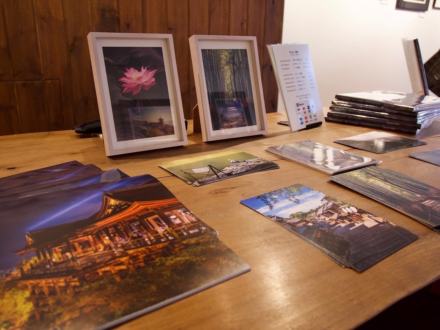 Display with postcards and calendars for sale