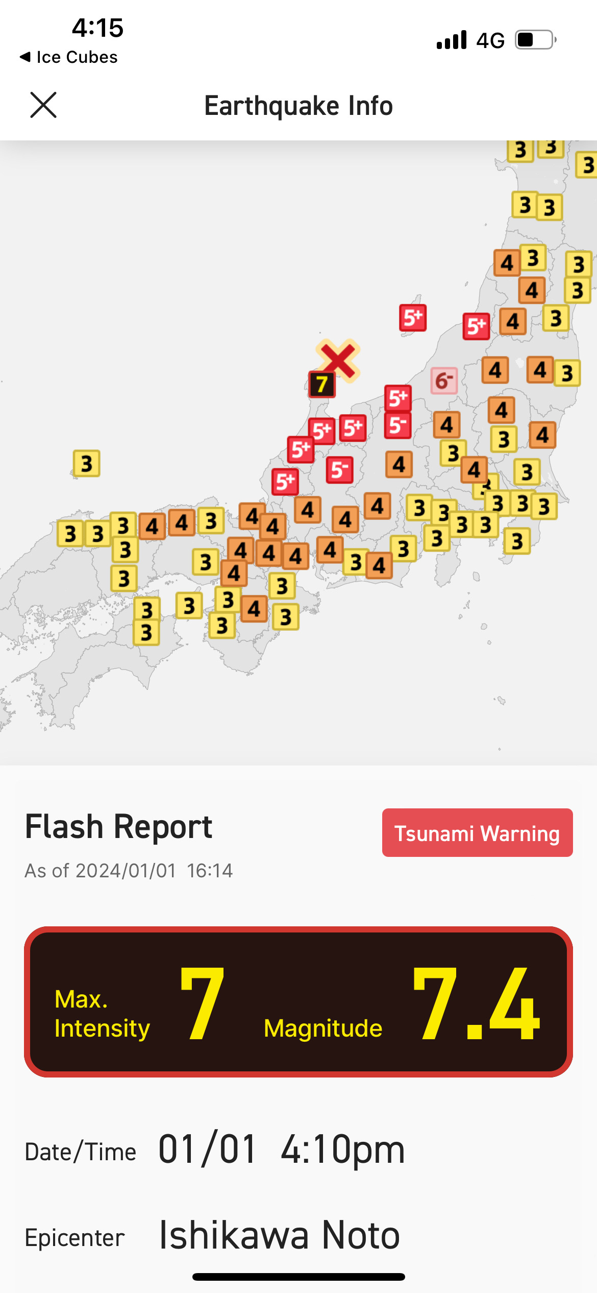 Map of Japan showing a level 5 quake at the Noto Peninsula 