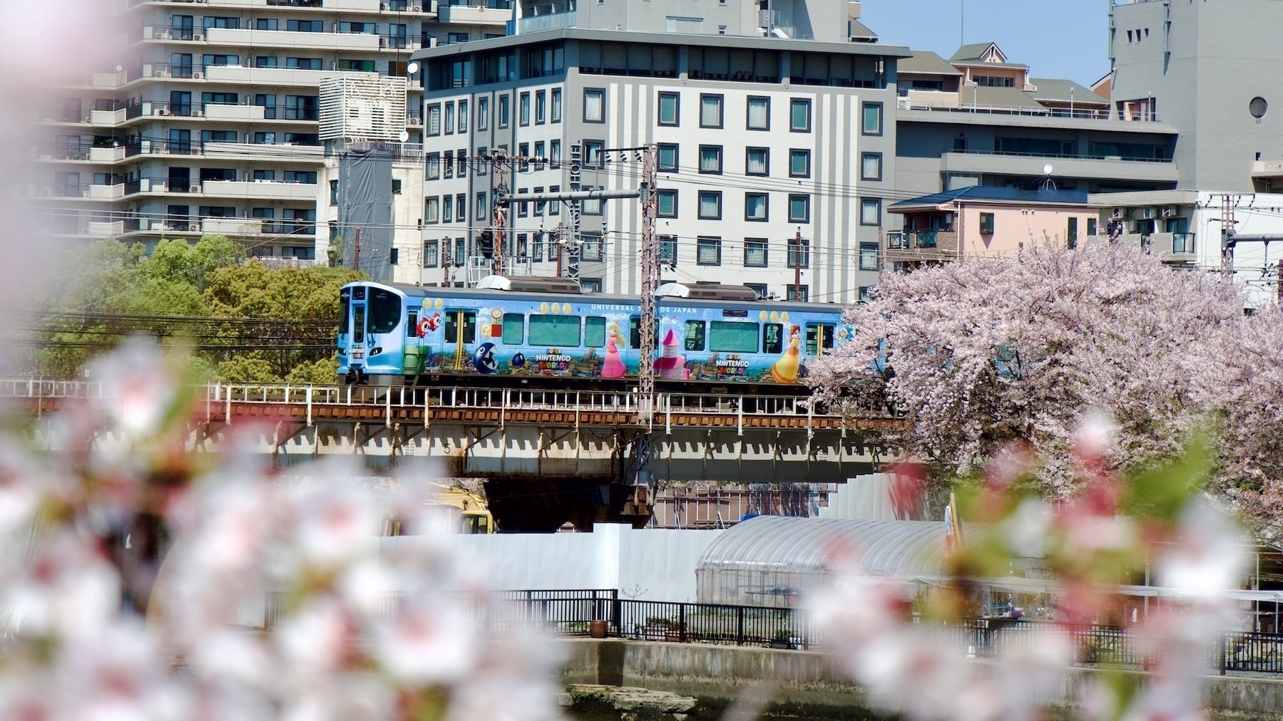 zoom photo through a sakura tree to a train crossing a bridge. Next to the bridge is another sakura tree in full bloom. The train is wrapped with a Super Mario World design for Universal Studies Japan, with depictions of the Princess, some Shy Guys, and more characters from the franchise
