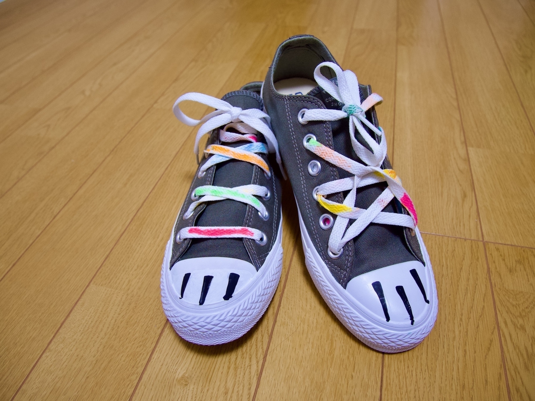 A pair of brand new converse with hand coloured multicolour laces tied in unorthodox style, and marker lines on the toecaps to make them look like animal feet