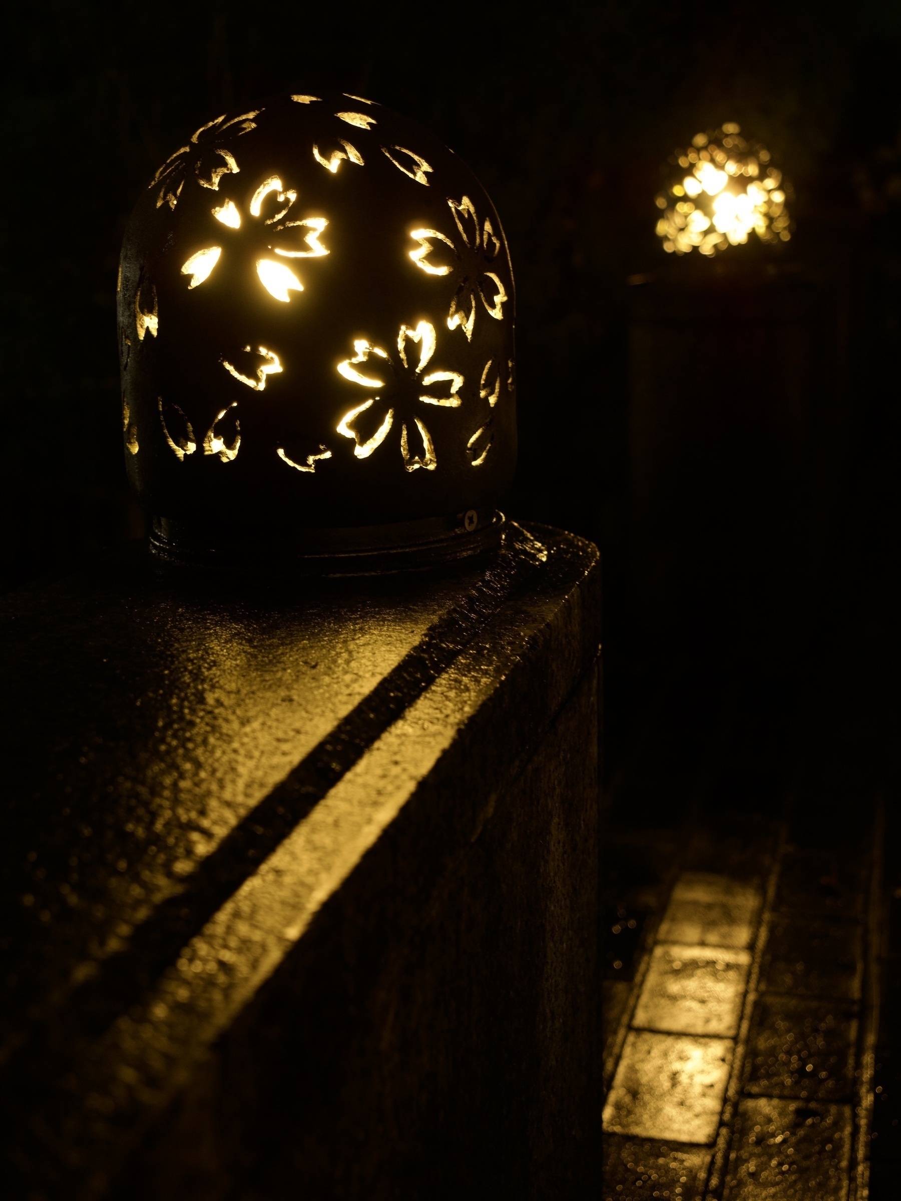 night photo of an outdoor light covered with a shade with a cherry blossom motif