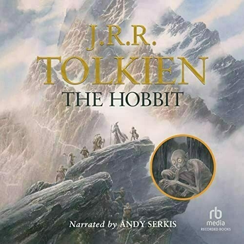 Cover of the audio book released in 2020 depicting the party on a bluff backed by a large snowy mountain and an inset image of Gollum