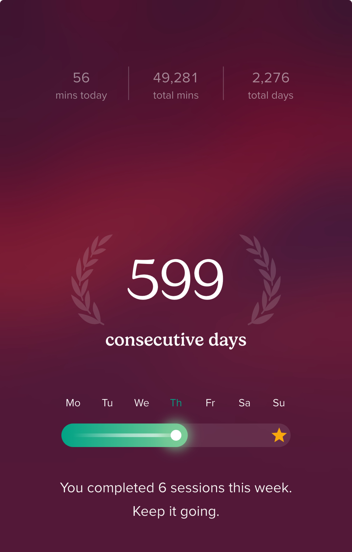 Screencap of Insight timer showing 599 consecutive days of meditation.