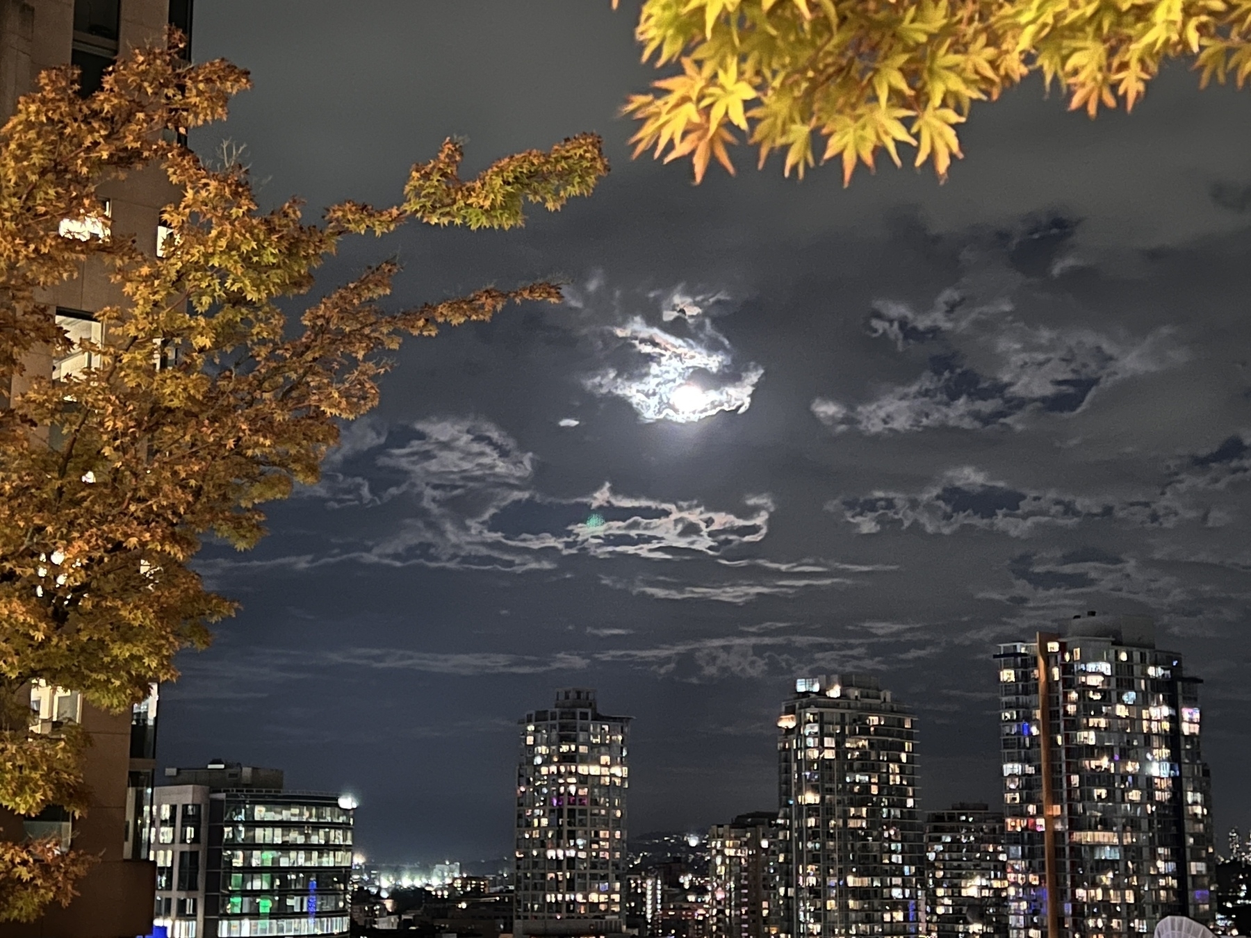 The moon peaks out from behind some clouds above the Vancouver skyline. The image is framed above with some maple leaves turning yellow