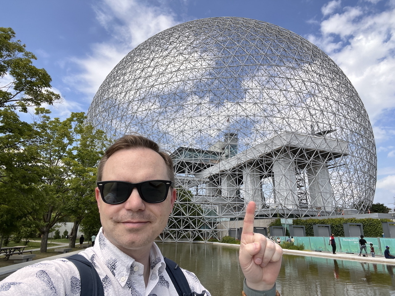 Chad selfie in front of Buckminster Fuller's Biosphere