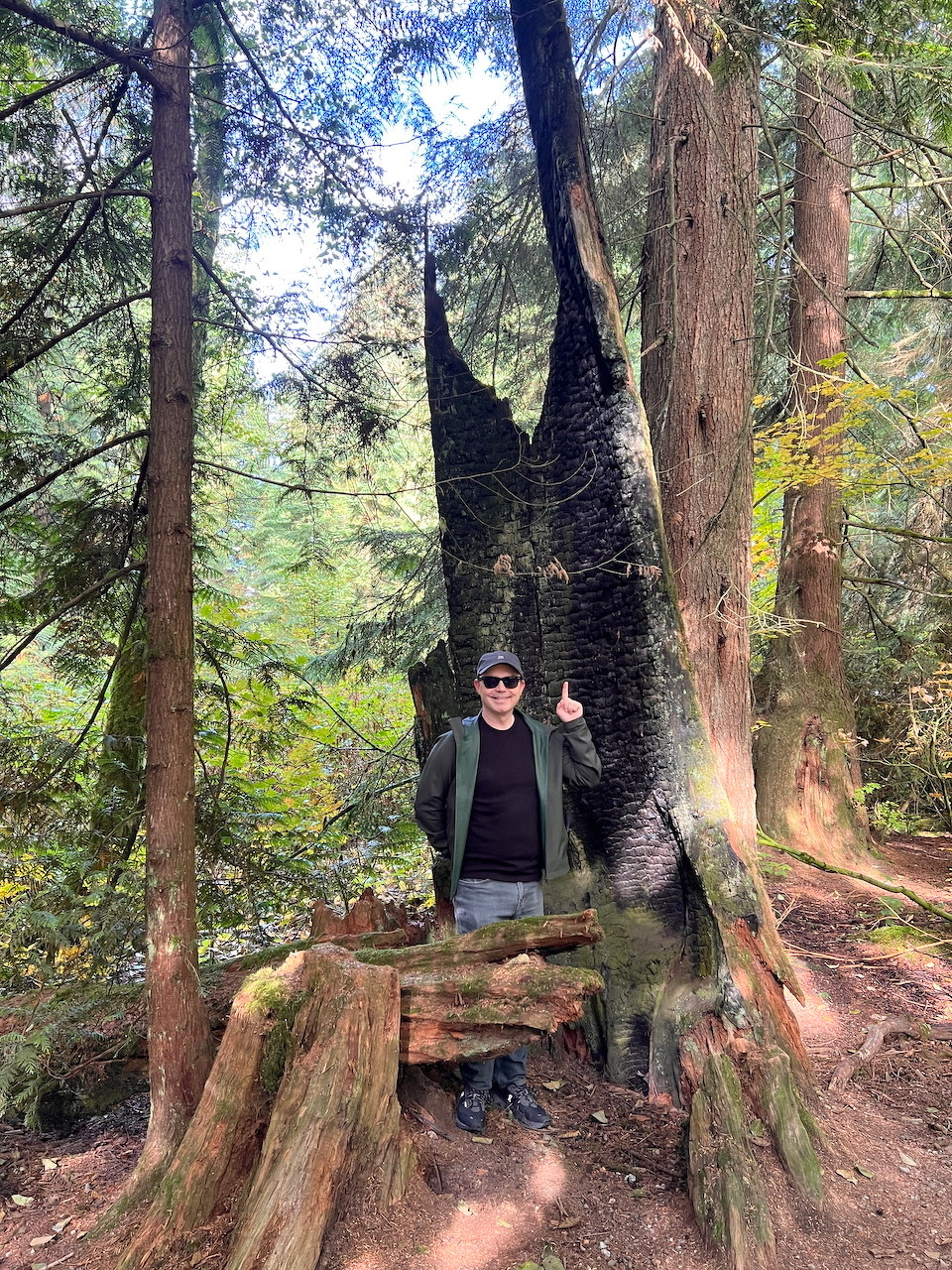 chad stands in the hollowed out trunk of a large tree that looks scorched…  lightning?