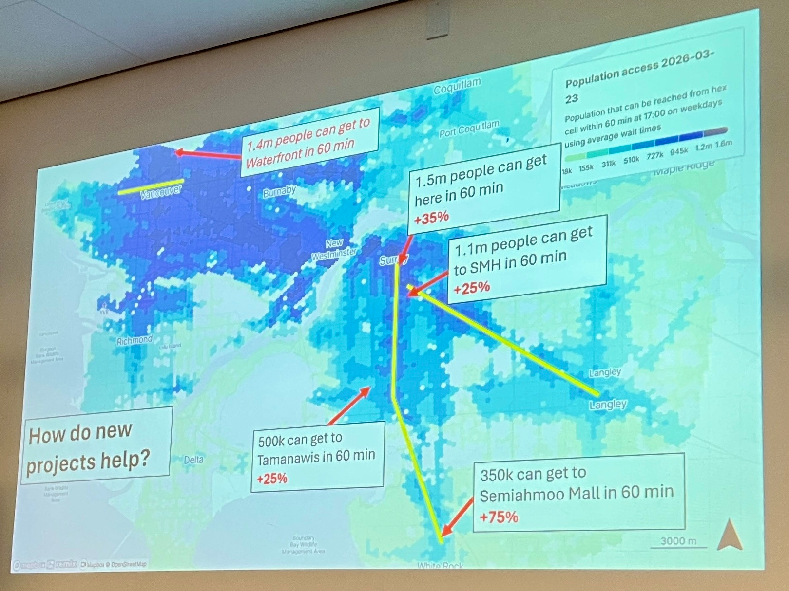 Transit map showing 1.4m people can get to Waterfront in 60 min, and 1.5m people can get to Surrey Central in 60 min