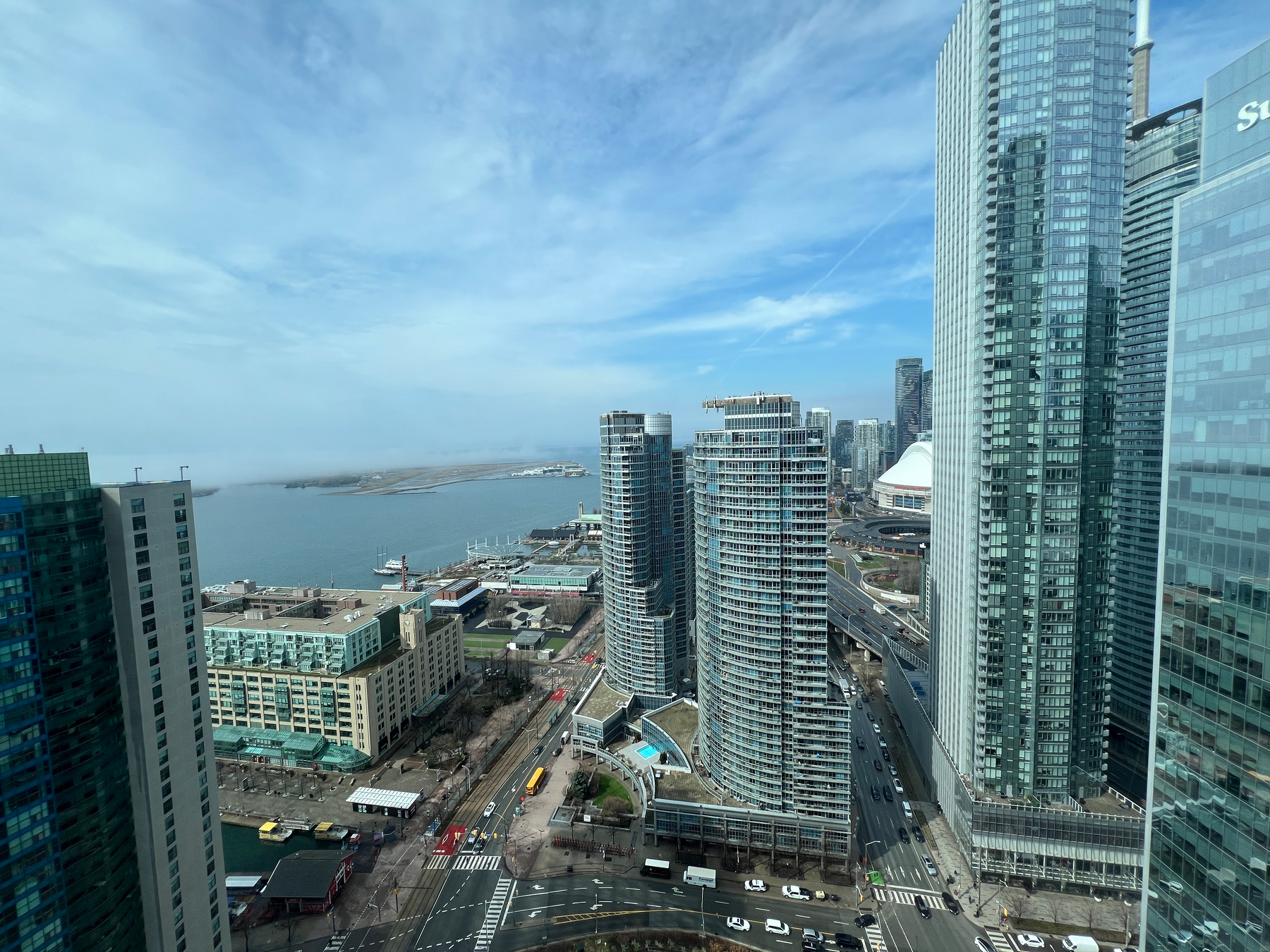 View of downtown Toronto waterfront with Billy Bishop airport on the horizon