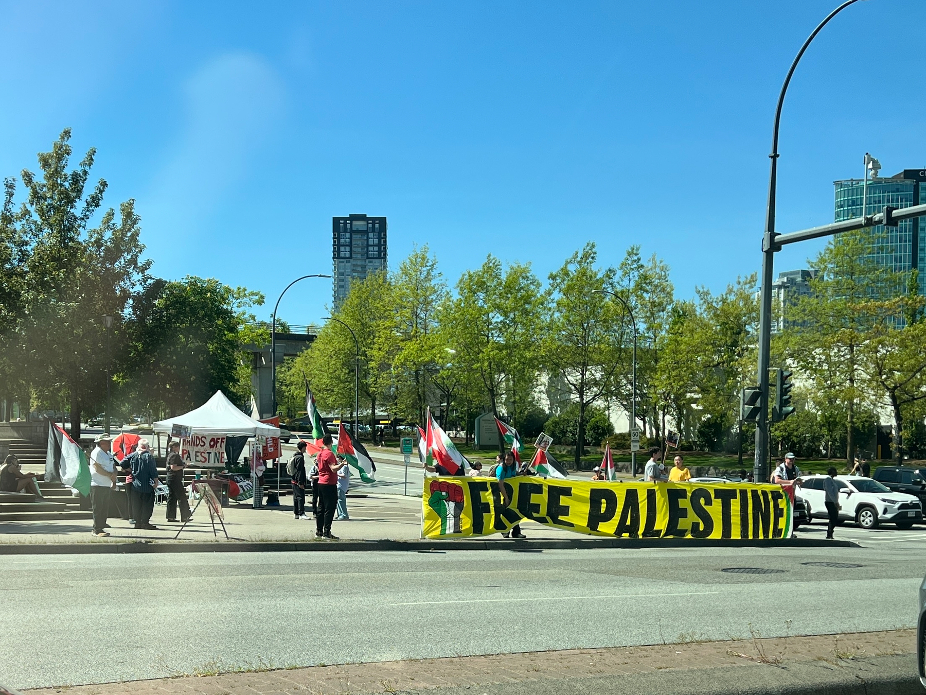 Group of people waving Palestinian flags and a big FREE PALESTINE banner