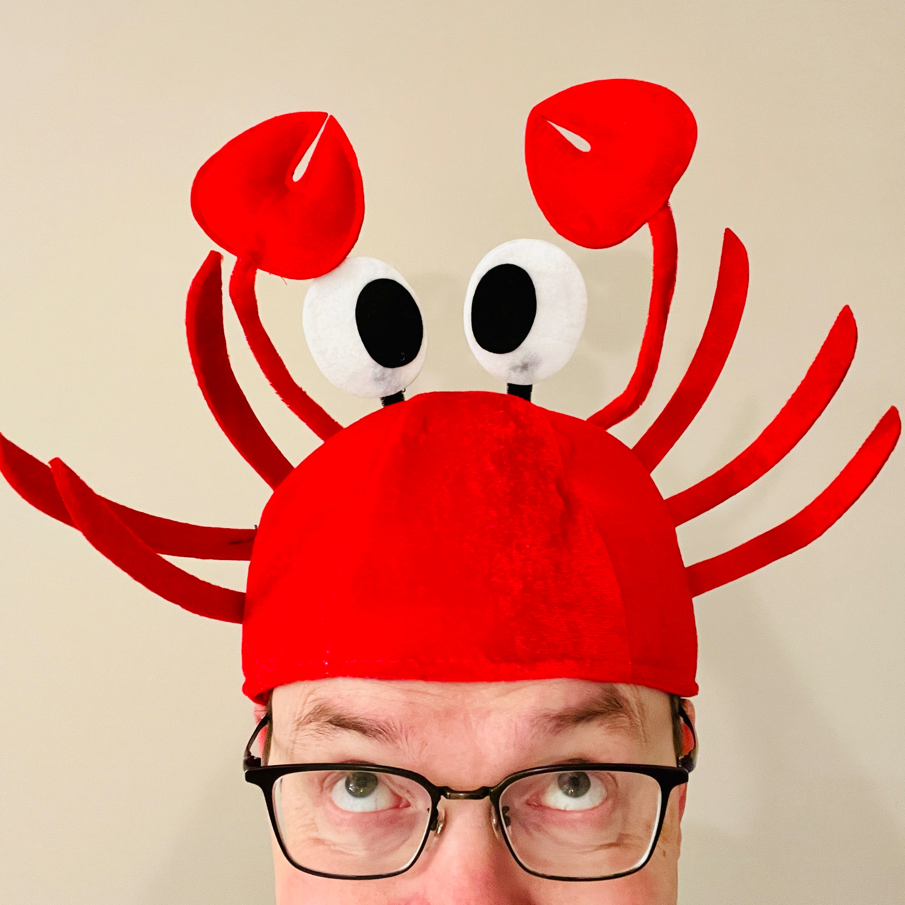 Chad wearing a hat that looks like a cartoon crab: bright red felt wjth appendages sticking out including claws and eyestalks. It is very cute!